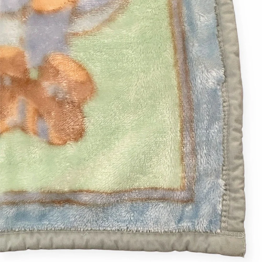 Vtg White Lamb Plush Baby Blanket Outdoor Cradle Birds Dog Silky Soft Blue Green
